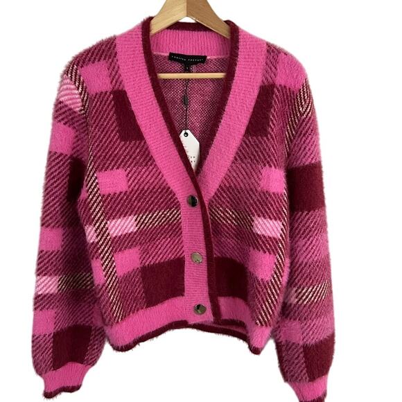English Factory Checkered Plaid Cardigan Sweater Pink Women Size Large NEW - Picture 1 of 11
